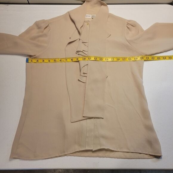 Weathervane Vintage 80s Women's Tie Neck Ruffled Poet Steampunk Blouse Taupe - Picture 6 of 8